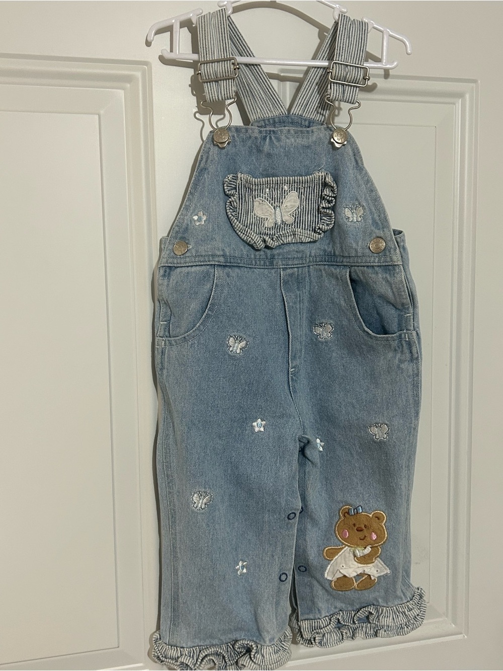 Light Blue Kids Denim Overalls with Bear & Butterfly Embroidery